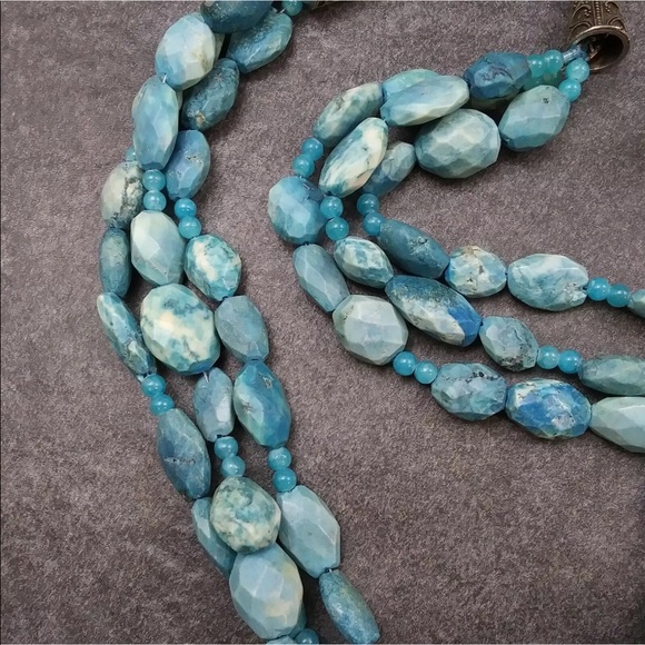 Handmade Blue Gemstone Multi Strand Geometric Shapes Necklace. 20” - Picture 4 of 9